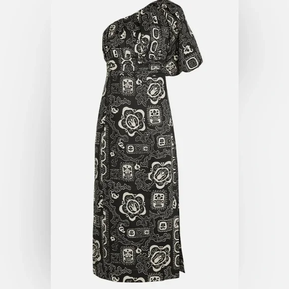 NWT RHODE100% Linen Chantelle Midi One shoulder Dress size 4 black white print